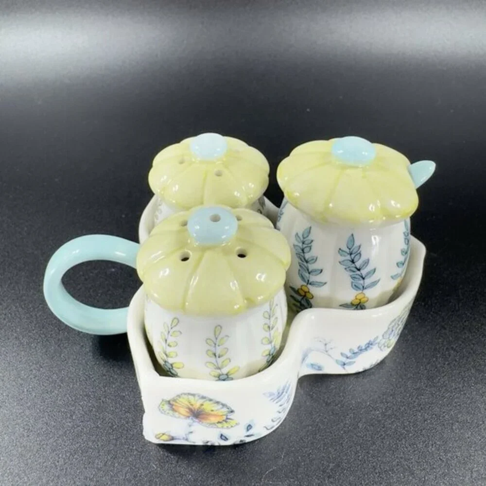 Anthropologie Ceramic Salt And‎ Pepper Covered Mustard Pot and Spoon on Tray VTG